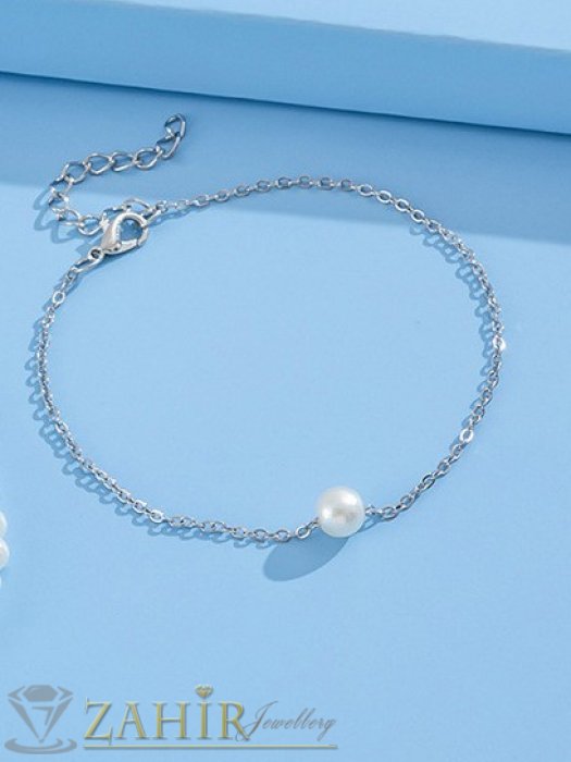 Дамски бижута - Бяла перла 1 см на много нежна стоманена гривна за крак и ръка дълга 18 см с удължител 9 см , не си сменя цвета - GK1379